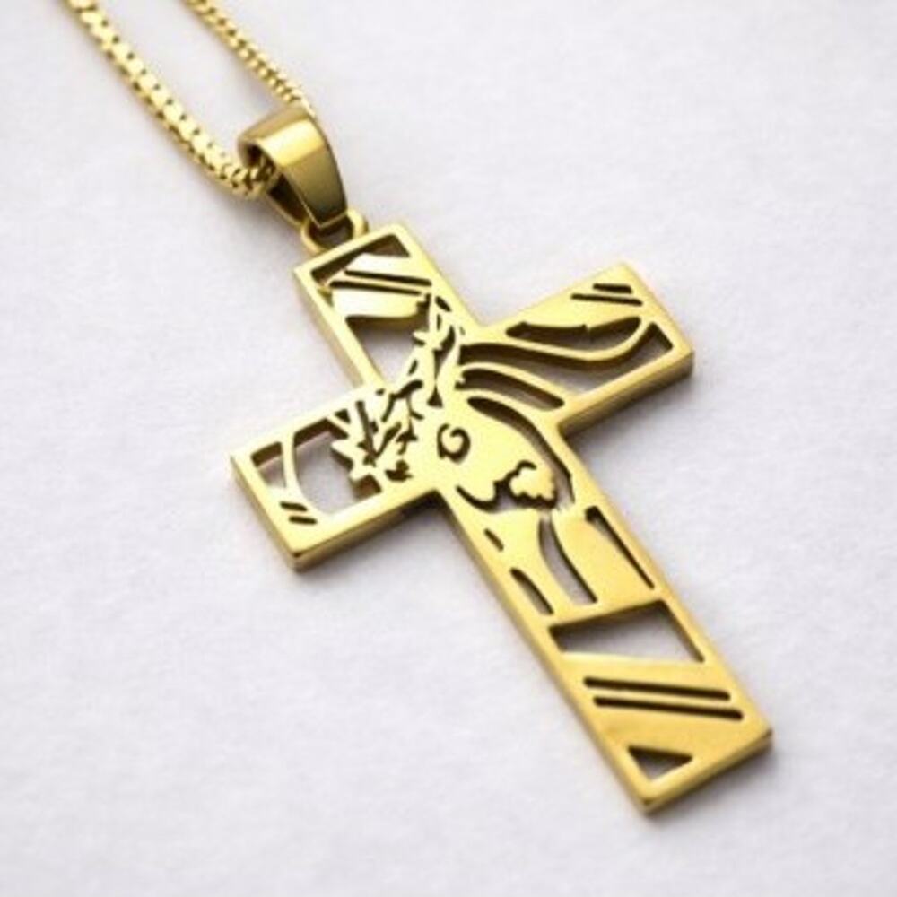 Gold Tone Crown of Thorns Cross Necklace 18k Plated 22” 1mm Box Chain